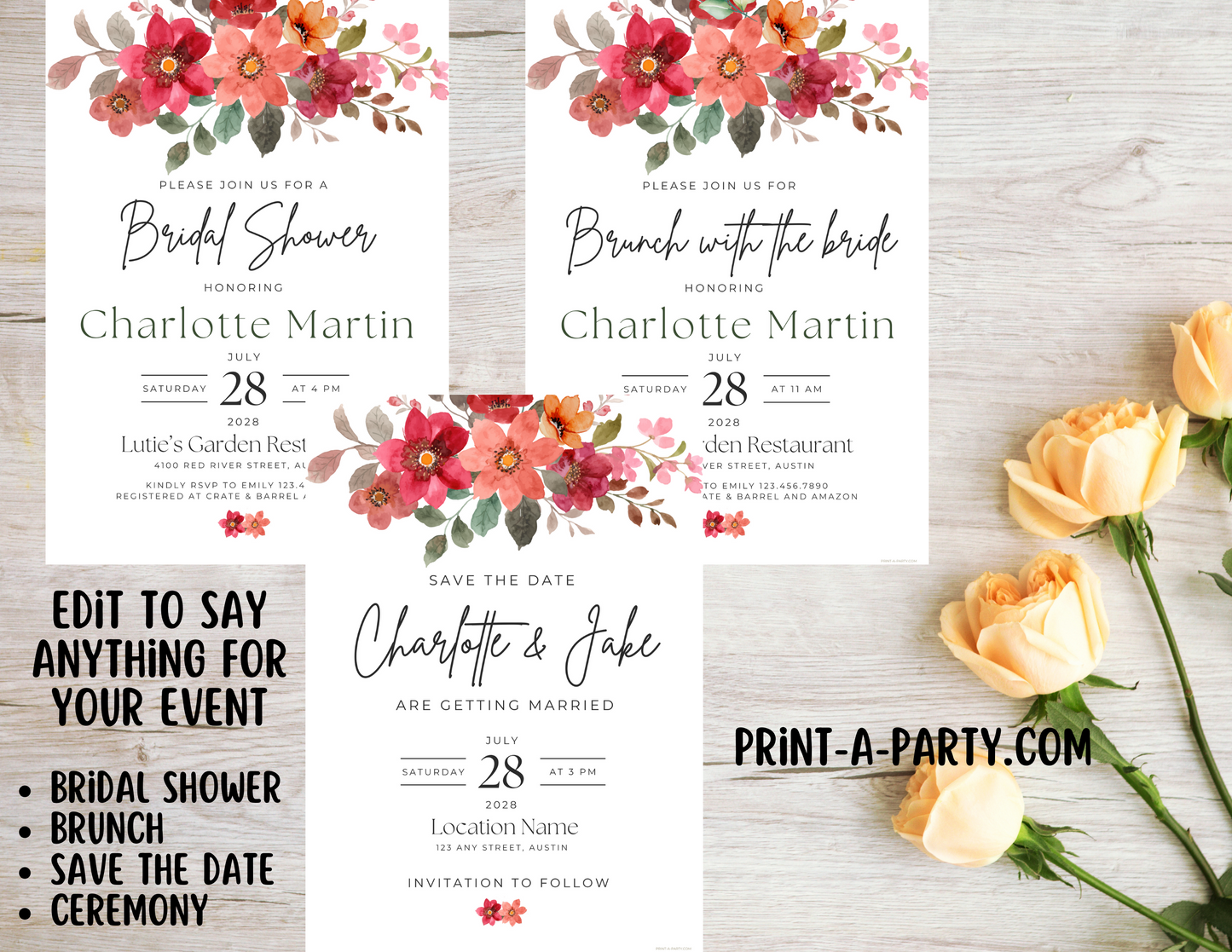 Editable Wedding Invitation Template - BOHO FLORALS - Canva printable for Bridal Showers, Save-the-Dates, Engagement parties and more