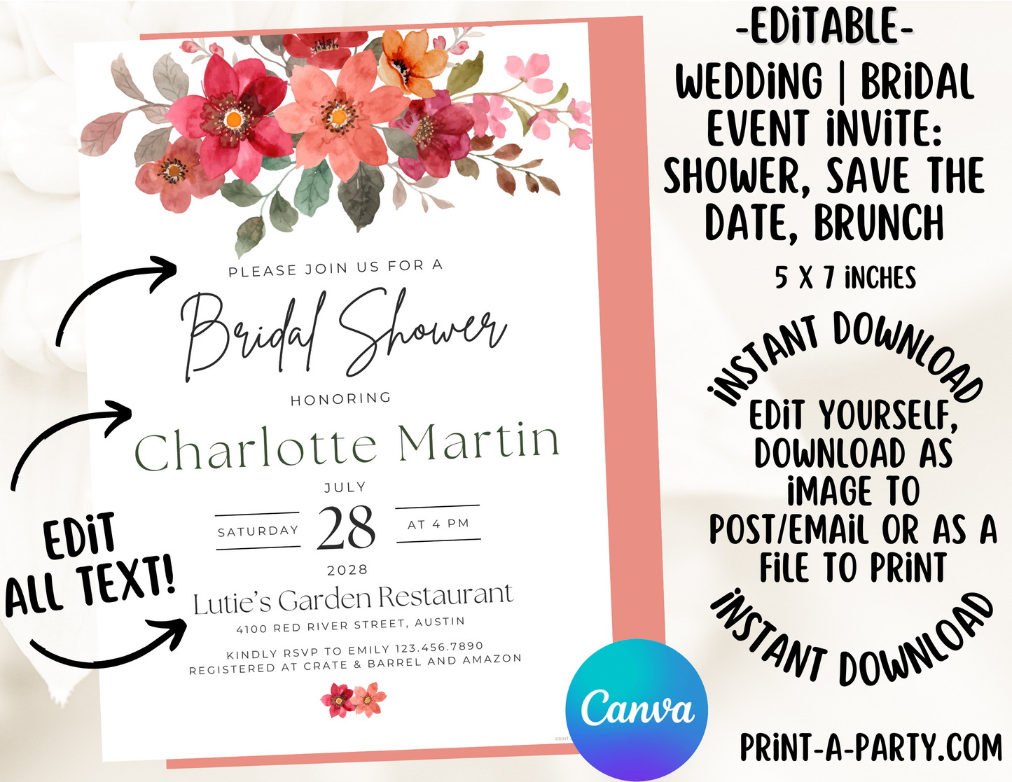 Editable Wedding Invitation Template - BOHO FLORALS - Canva printable for Bridal Showers, Save-the-Dates, Engagement parties and more