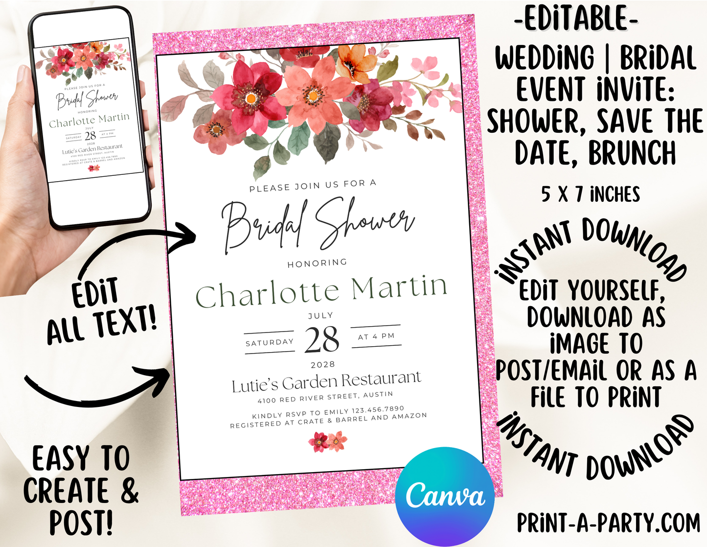 EDITABLE WEDDING EVENT INVITATION: Bridal Shower, Brunch, Save The Date, Editable Invite for posting or printing | Red Pink Boho Florals