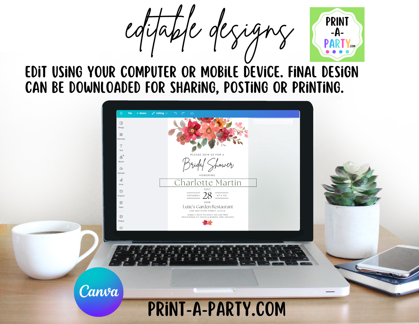 Editable Wedding Invitation Template - BOHO FLORALS - Canva printable for Bridal Showers, Save-the-Dates, Engagement parties and more