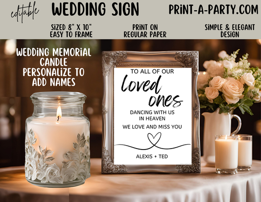 Editable Wedding Sign: MEMORIAL Sign – Editable and Printable Canva Template: To All Our Loved Ones Dancing with Us in Heaven