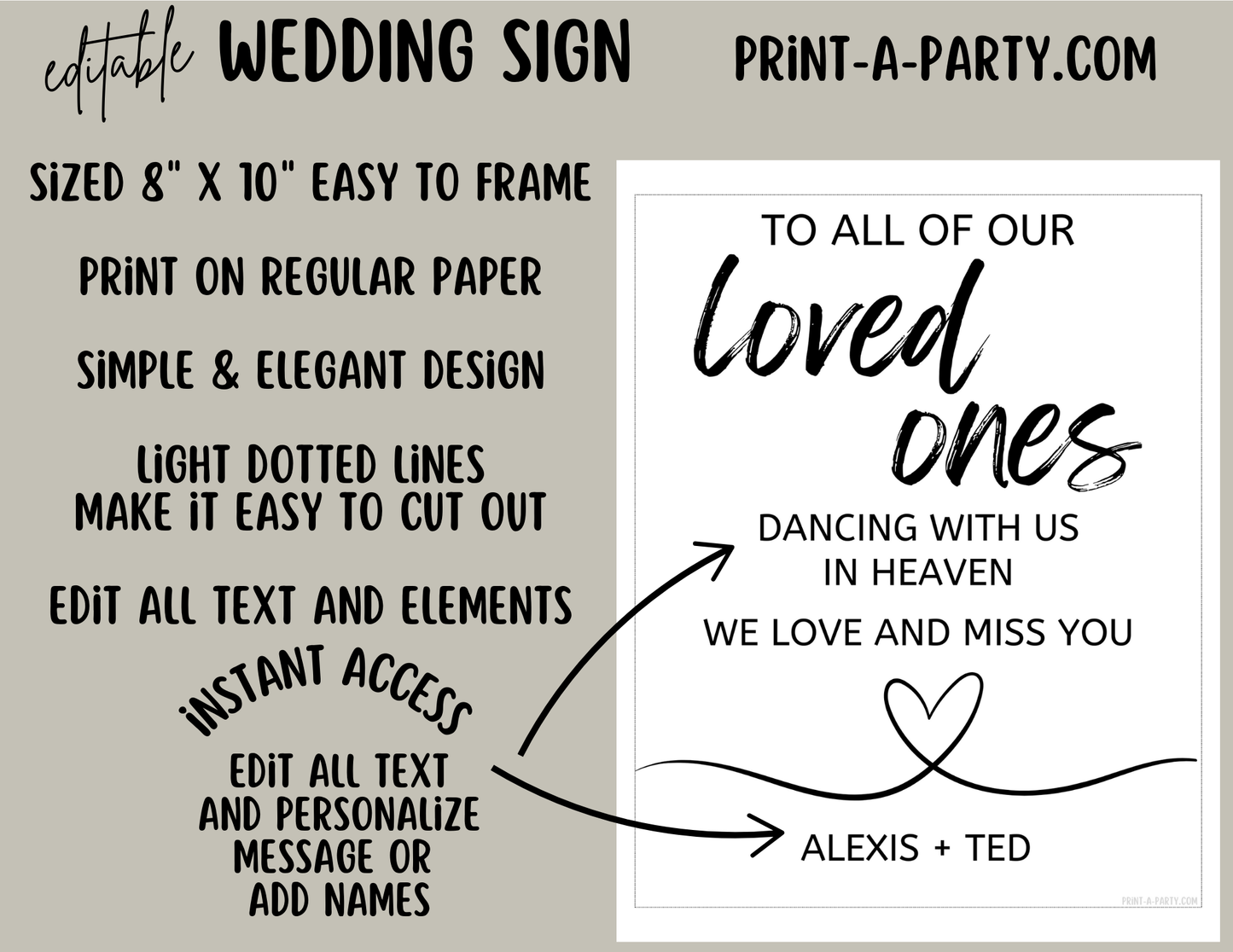 Editable Wedding Sign: MEMORIAL Sign – Editable and Printable Canva Template: To All Our Loved Ones Dancing with Us in Heaven