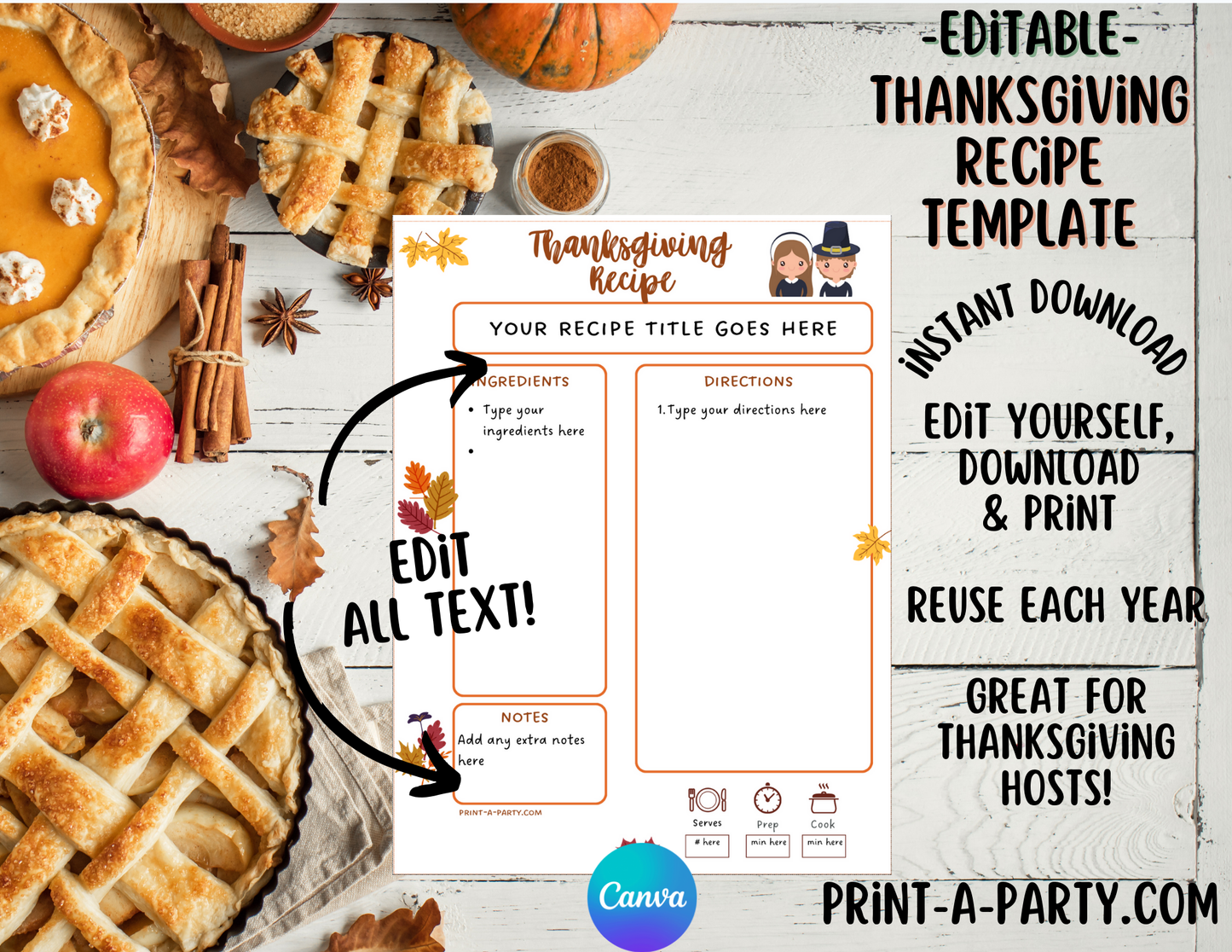 DIY Cookbook | THANKSGIVING Recipe Collection | PRINTABLE OR EDITABLE | Planner | Meal Plan | Planner Recipes | Thanksgiving Recipes | Hosting Thanksgiving