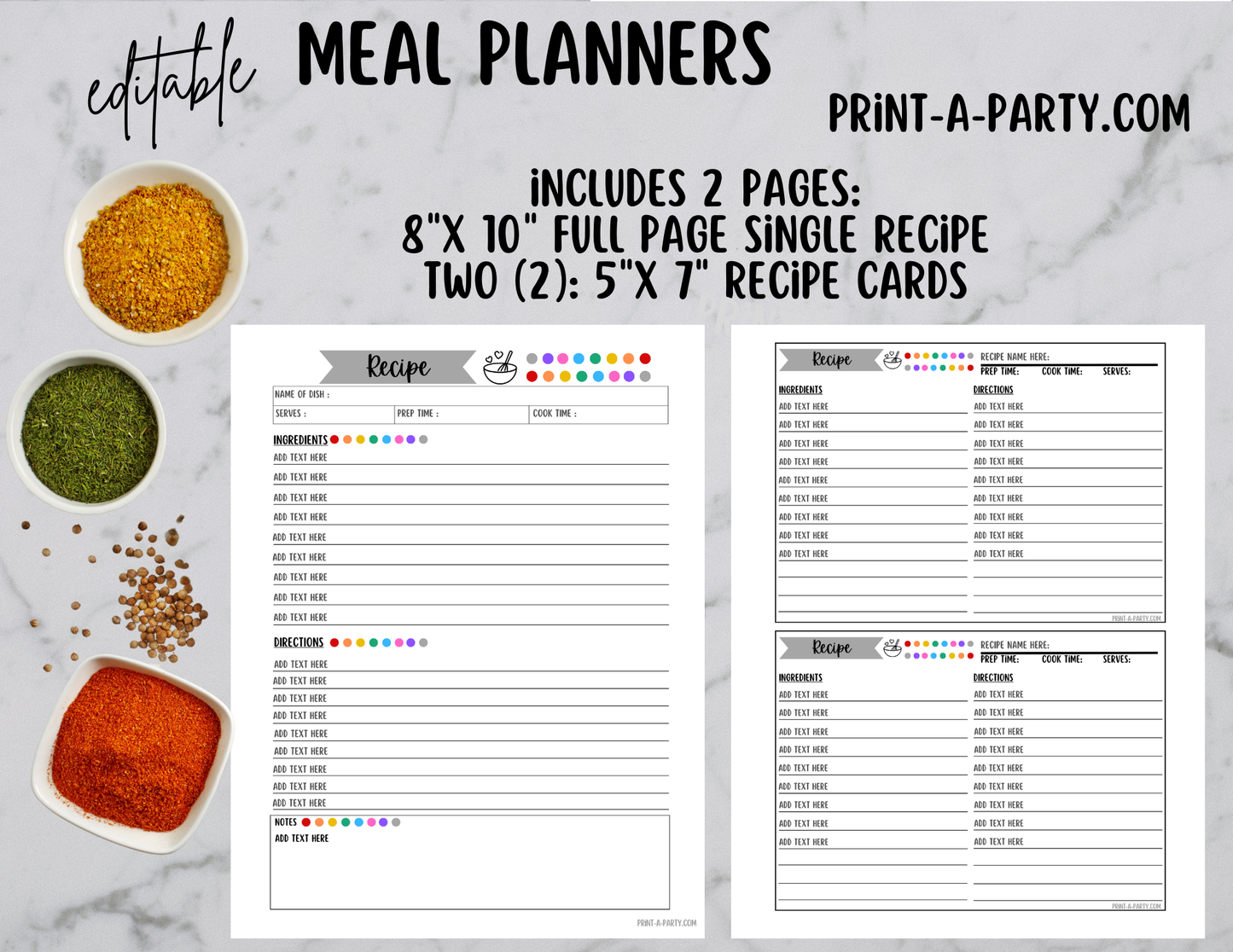 MEAL PLANNING: Editable RECIPE TEMPLATE - Full Page 8x10 and 2 Cards 5x7 | Recipe Binder | DIY Cookbook