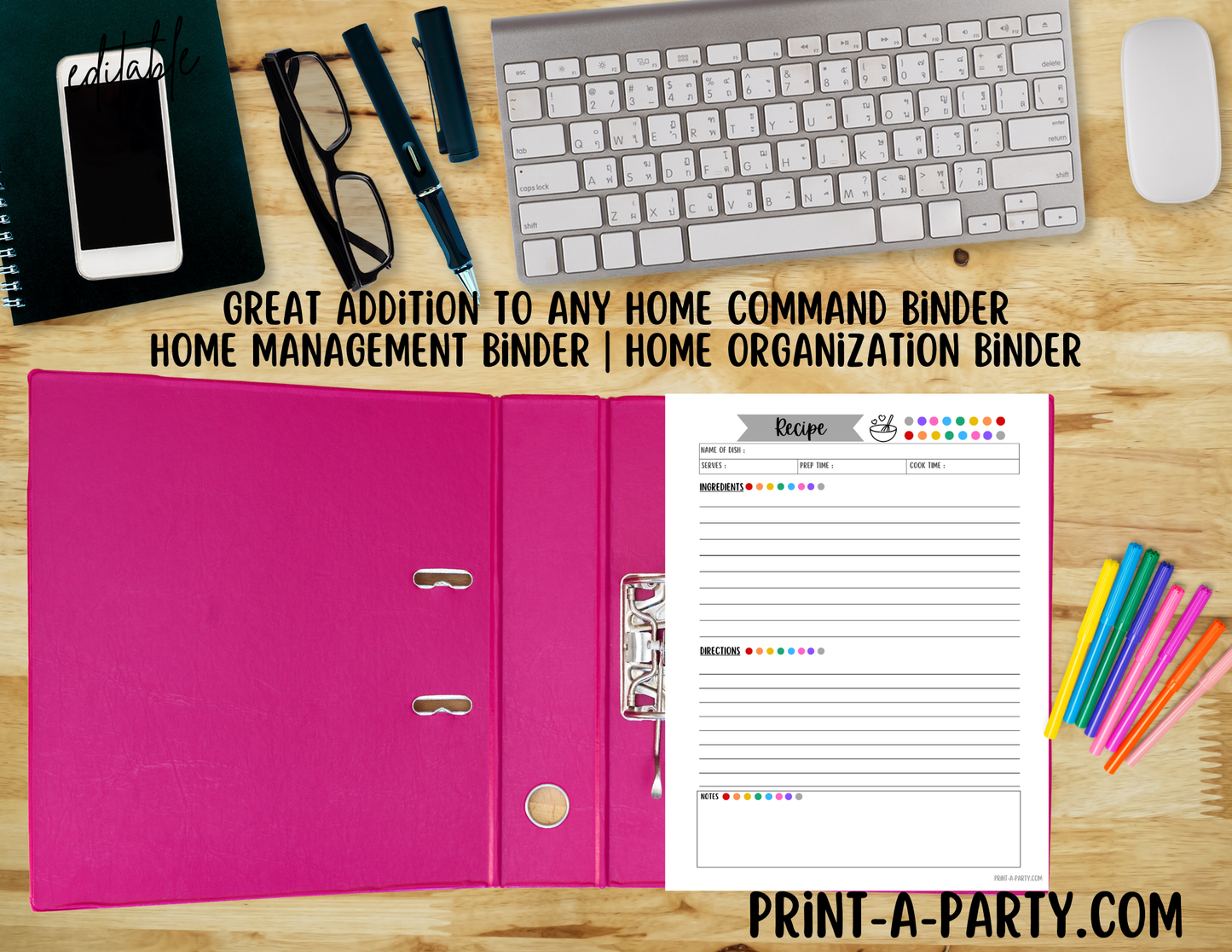 MEAL PLANNING: Editable RECIPE TEMPLATE - Full Page 8x10 and 2 Cards 5x7 | Recipe Binder | DIY Cookbook