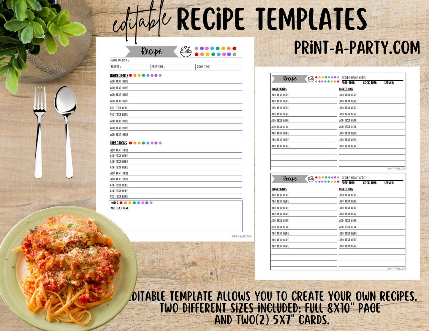 MEAL PLANNING: Editable RECIPE TEMPLATE - Full Page 8x10 and 2 Cards 5x7 | Recipe Binder | DIY Cookbook