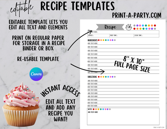 MEAL PLANNING: Editable RECIPE TEMPLATE - Full Page 8x10 and 2 Cards 5x7 | Recipe Binder | DIY Cookbook