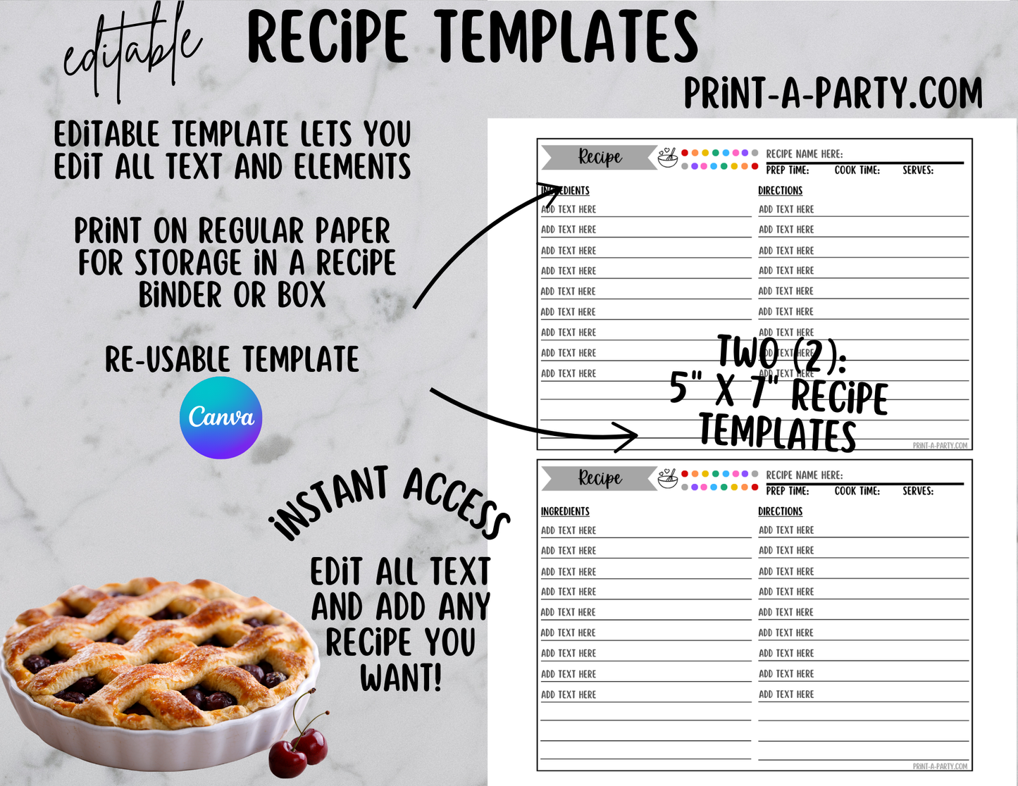 MEAL PLANNING: Editable RECIPE TEMPLATE - Full Page 8x10 and 2 Cards 5x7 | Recipe Binder | DIY Cookbook