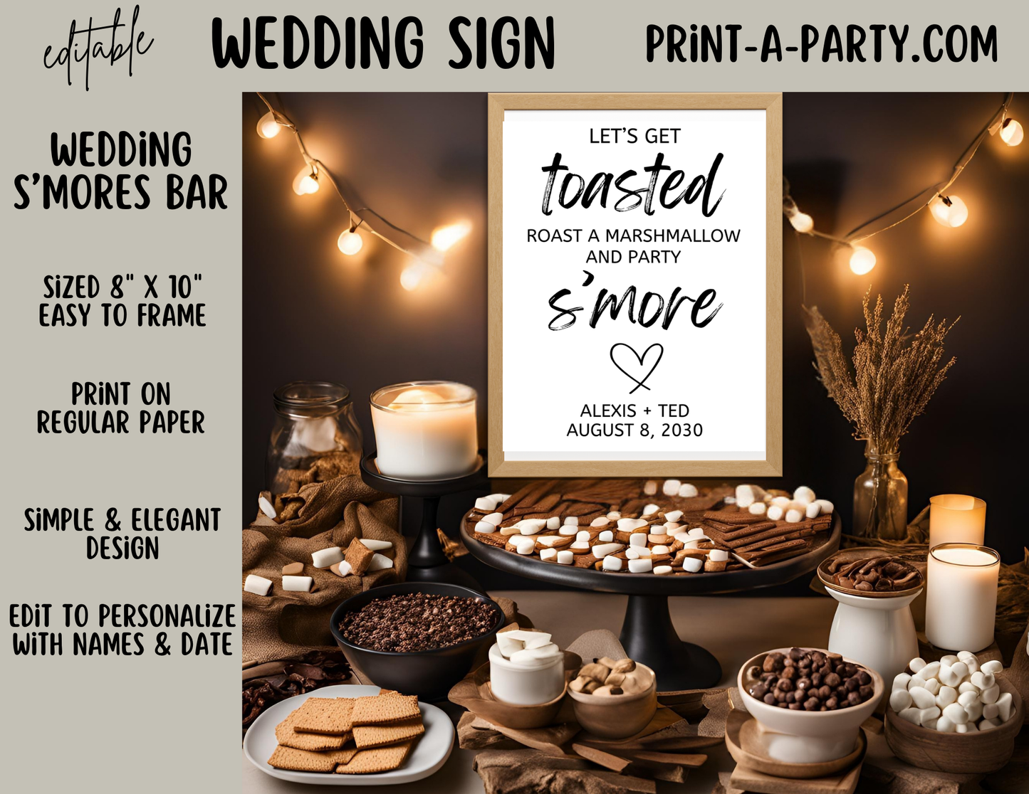Editable Wedding Sign: S'MORES SIGN - Let's Get Toasted - Roast A Marshmallow and Party S'More - Printable Canva Template for weddings, showers, engagement parties