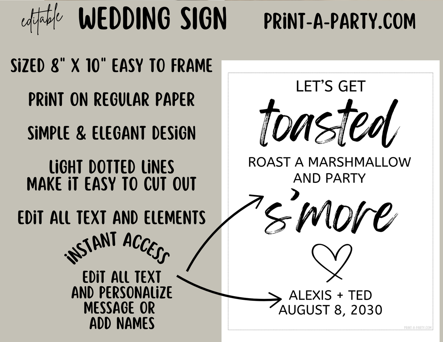Editable Wedding Sign: S'MORES SIGN - Let's Get Toasted - Roast A Marshmallow and Party S'More - Printable Canva Template for weddings, showers, engagement parties