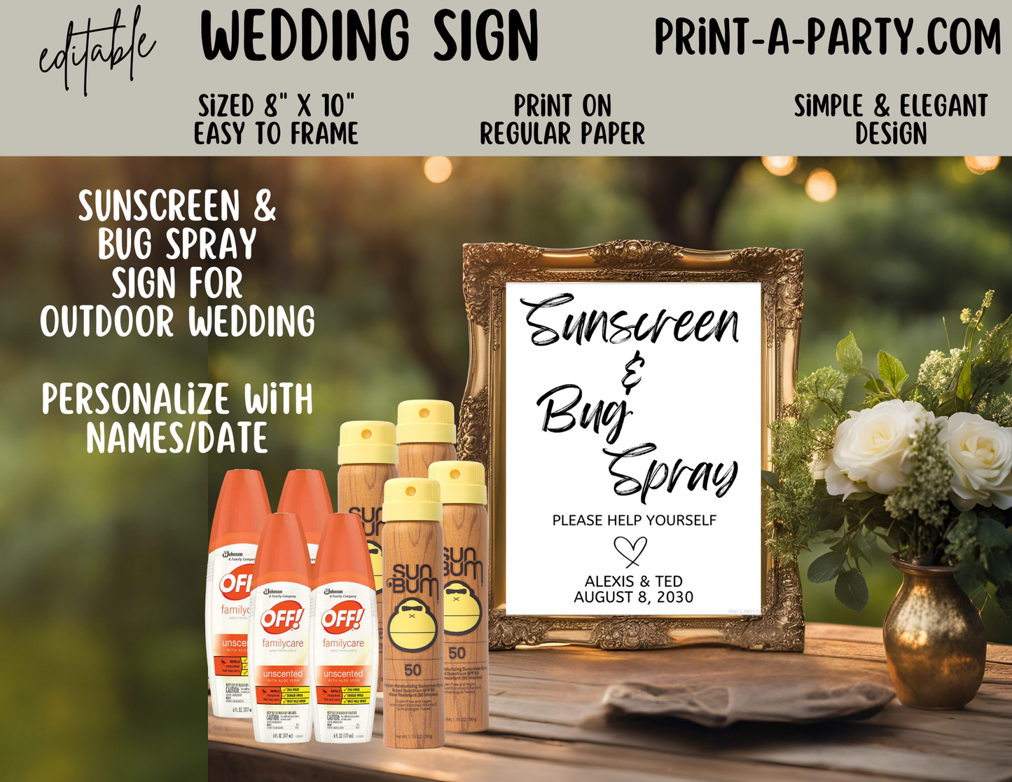 Editable Wedding Sign: OUTDOOR WEDDING Sign - Sunscreen and Bug Spray - Please Help Yourself - Editable and Printable Canva Template for Outdoor or Garden Weddings