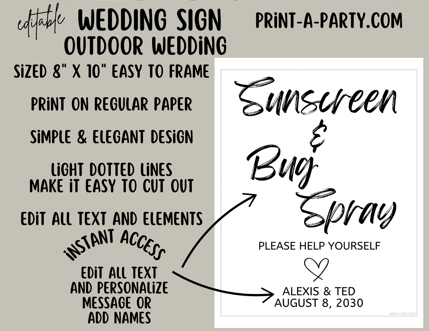 Editable Wedding Sign: OUTDOOR WEDDING Sign - Sunscreen and Bug Spray - Please Help Yourself - Editable and Printable Canva Template for Outdoor or Garden Weddings
