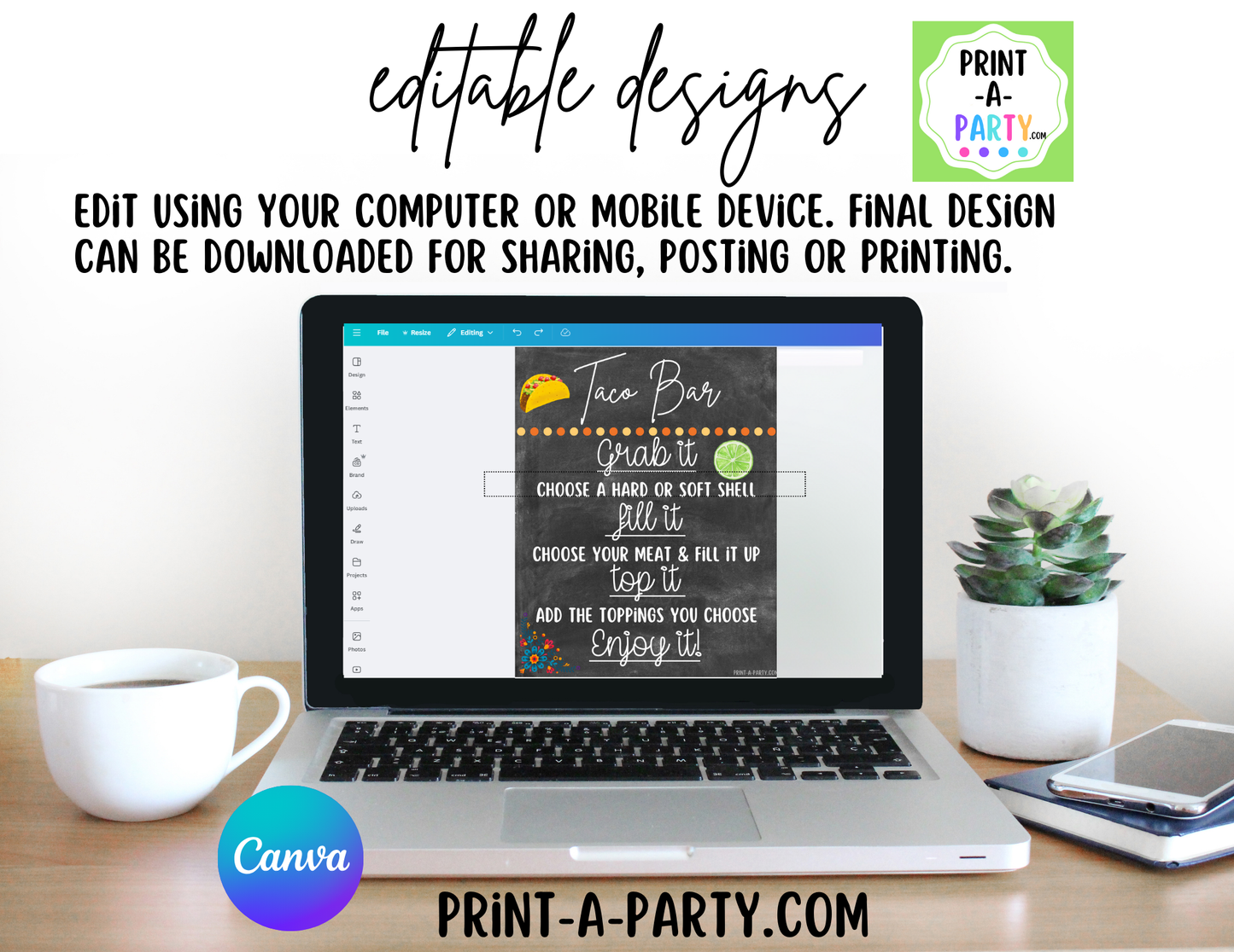 EDITABLE TACO BAR | TACO STATION Setup - CHALKBOARD | Make your own Tacos Sign | Taco Station Setup for parties, events, office, holidays and more!