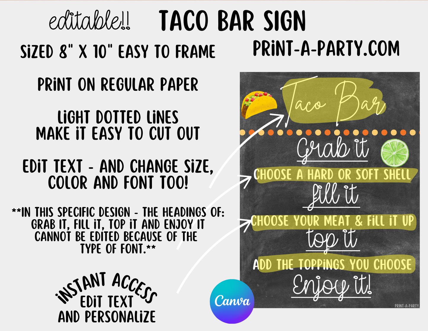 EDITABLE TACO BAR | TACO STATION Setup - CHALKBOARD | Make your own Tacos Sign | Taco Station Setup for parties, events, office, holidays and more!