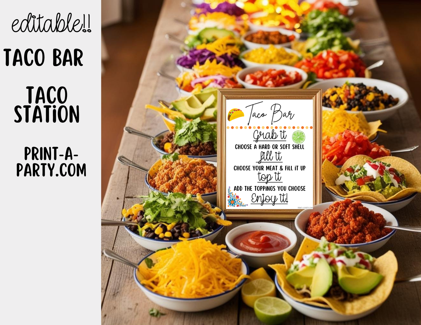 EDITABLE TACO BAR | TACO STATION Setup - WHITE | Make your own Tacos Sign | Taco Station Setup for parties, events, office, holidays and more!