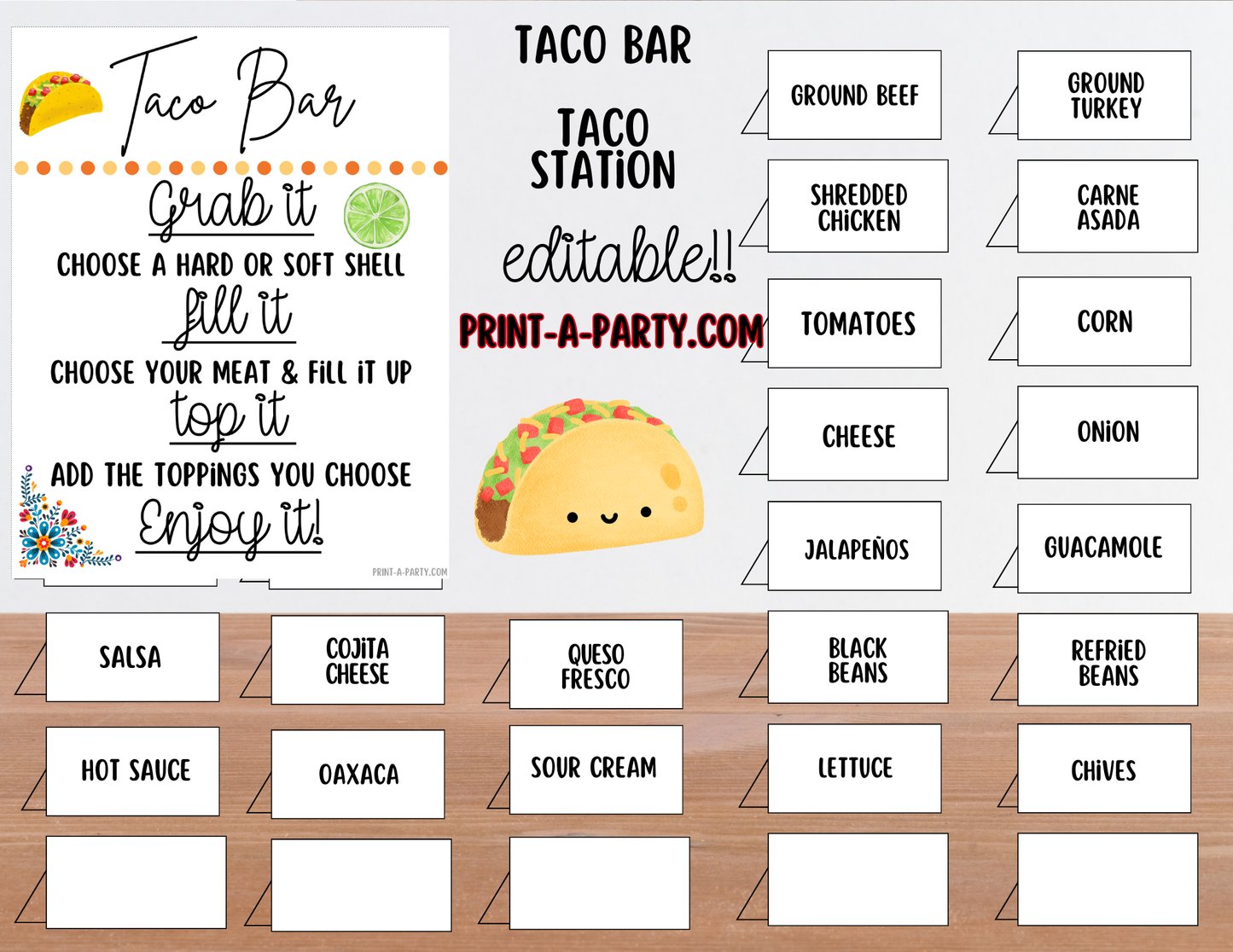 EDITABLE TACO BAR | TACO STATION Setup - WHITE | Make your own Tacos Sign | Taco Station Setup for parties, events, office, holidays and more!