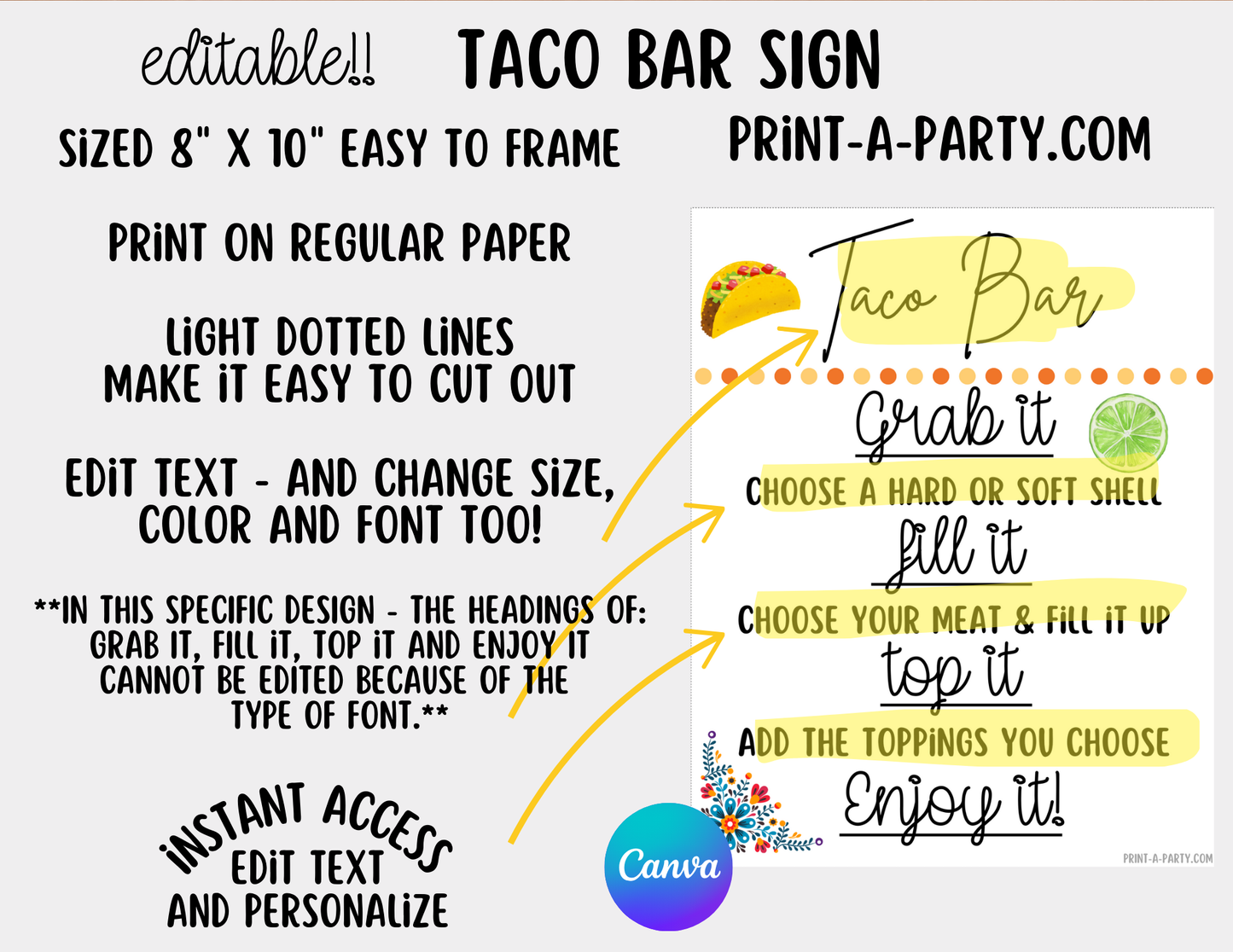 EDITABLE TACO BAR | TACO STATION Setup - WHITE | Make your own Tacos Sign | Taco Station Setup for parties, events, office, holidays and more!
