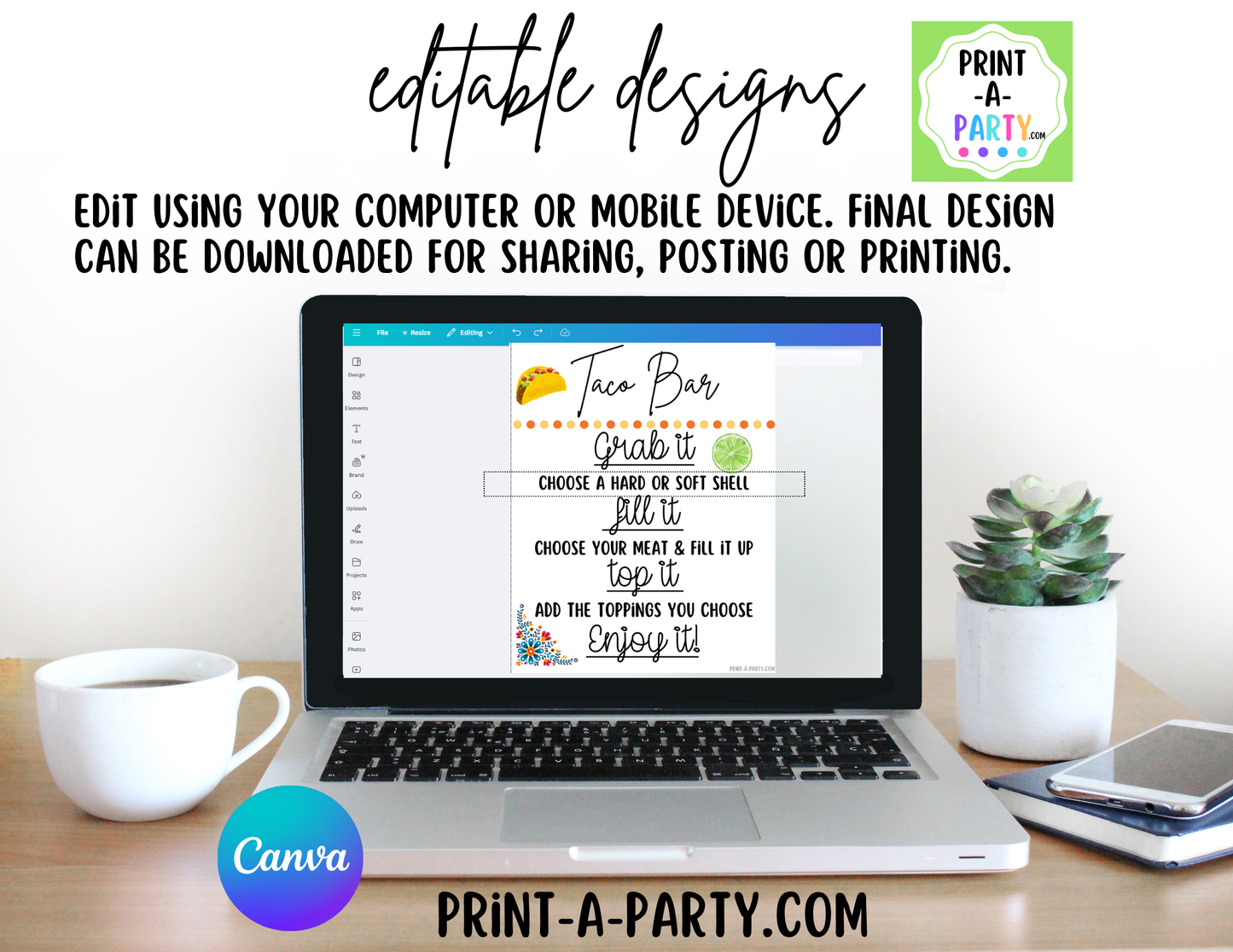 EDITABLE TACO BAR | TACO STATION Setup - WHITE | Make your own Tacos Sign | Taco Station Setup for parties, events, office, holidays and more!