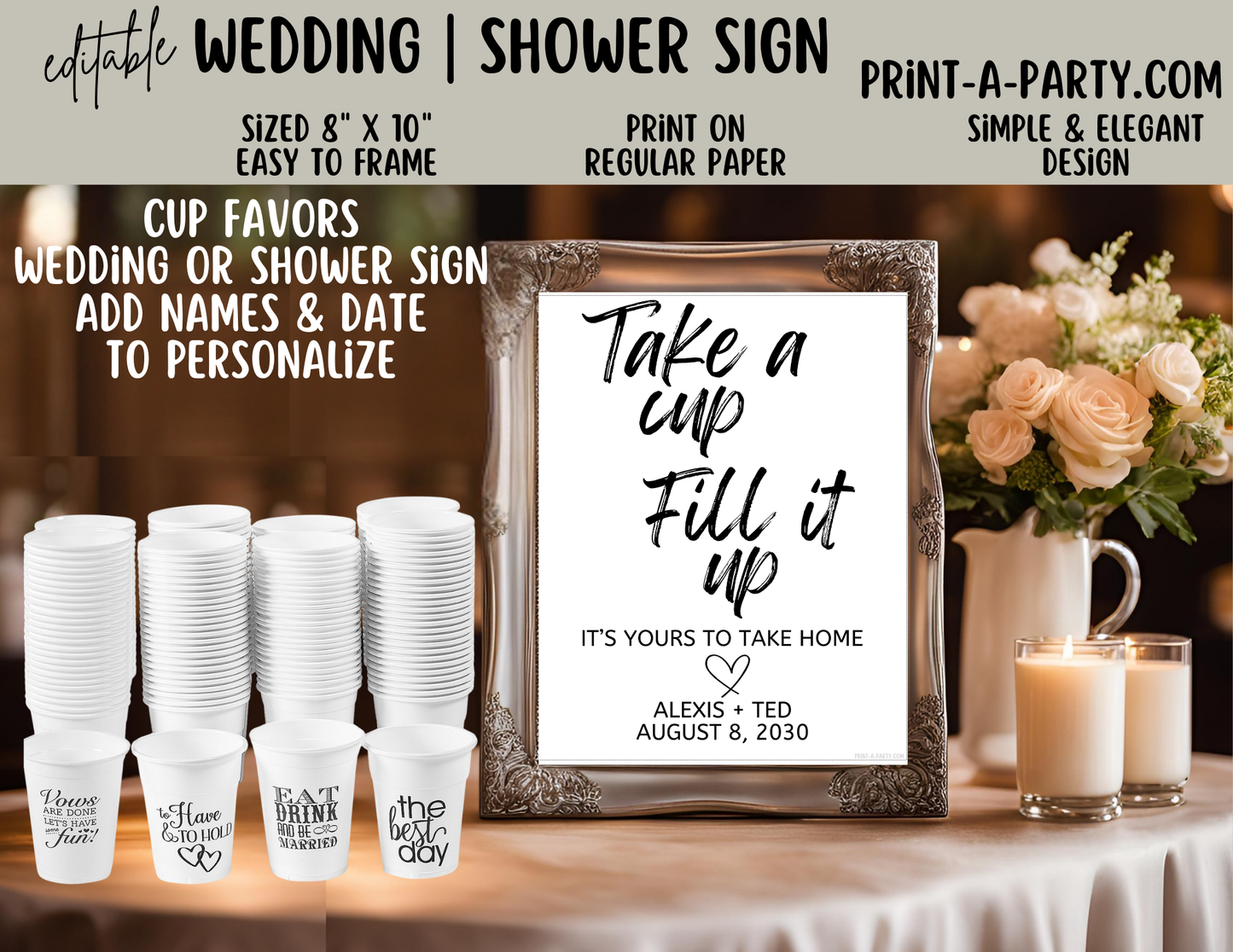 Editable Wedding Sign: CUP FAVORS Sign: TAKE A CUP, FILL IT UP SIGN - Editable and Printable Canva Template for Weddings and Showers