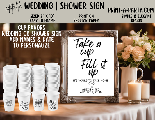 Editable Wedding Sign: CUP FAVORS Sign: TAKE A CUP, FILL IT UP SIGN - Editable and Printable Canva Template for Weddings and Showers