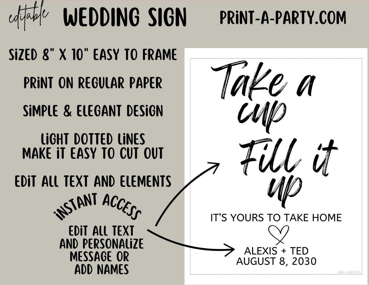 Editable Wedding Sign: CUP FAVORS Sign: TAKE A CUP, FILL IT UP SIGN - Editable and Printable Canva Template for Weddings and Showers