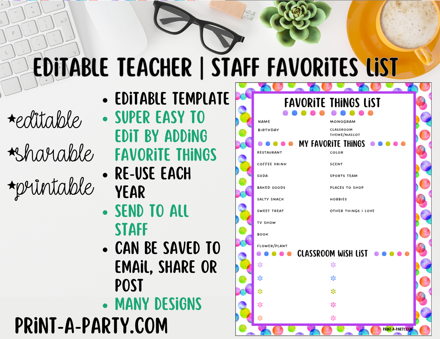 Teacher Staff Editable Favorite Things List – Questionnaire + Wishlist Form for Back to School & Appreciation
