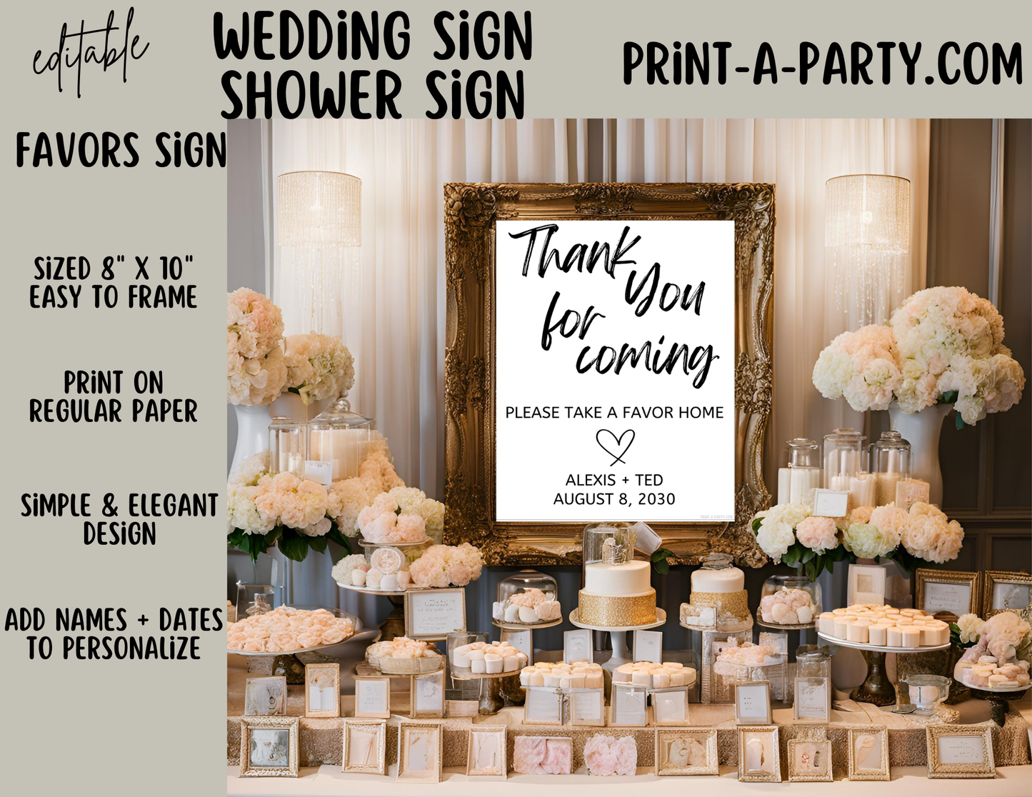Editable Wedding Sign: FAVORS Sign - Thank You For Coming, Please take a Favor Sign - Editable and Printable Canva Template for Weddings and Showers