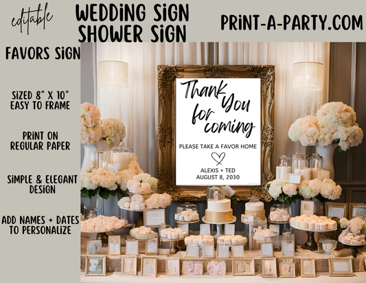 Editable Wedding Sign: FAVORS Sign - Thank You For Coming, Please take a Favor Sign - Editable and Printable Canva Template for Weddings and Showers