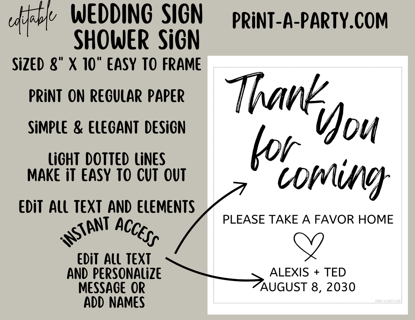 Editable Wedding Sign: FAVORS Sign - Thank You For Coming, Please take a Favor Sign - Editable and Printable Canva Template for Weddings and Showers