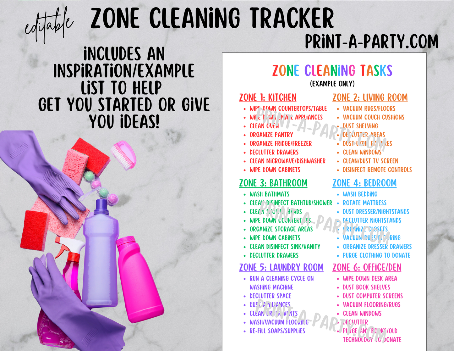 CLEANING: Editable Zone Cleaning Checklist Template | Home Management Binder | Home Organization