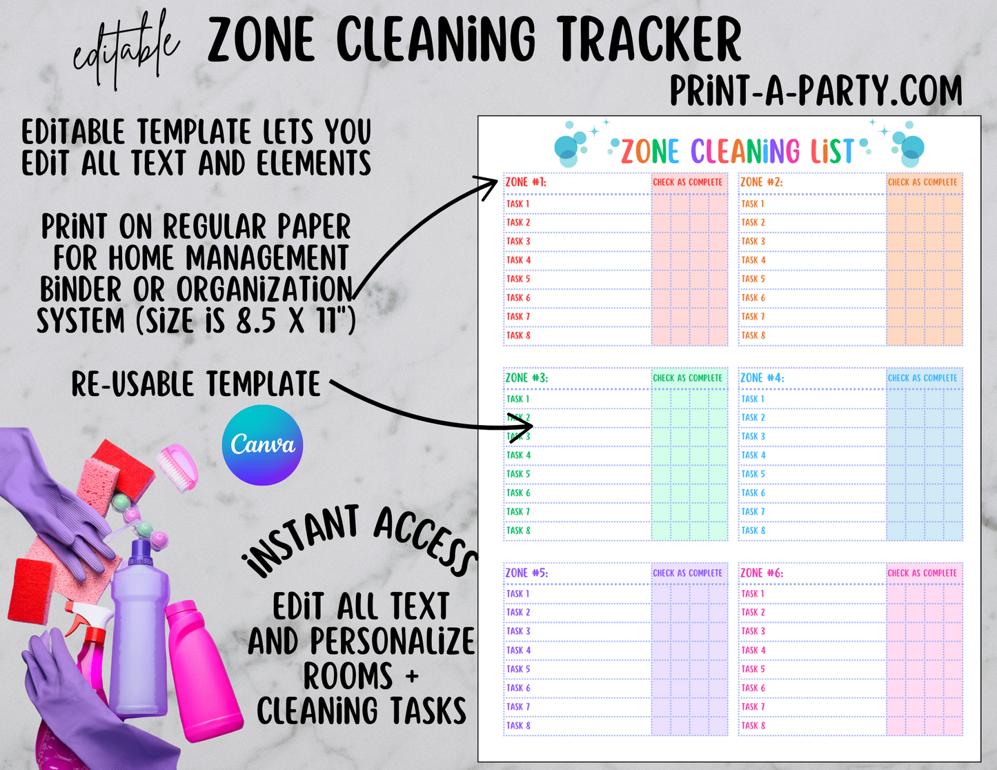 CLEANING: Editable Zone Cleaning Checklist Template | Home Management Binder | Home Organization