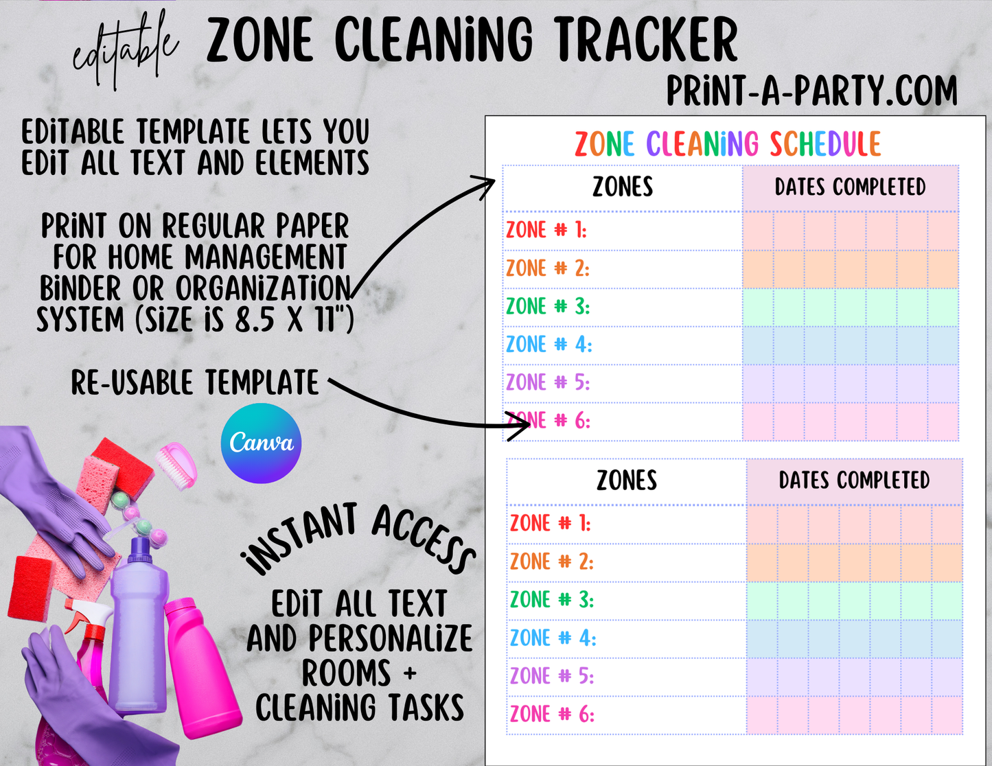 CLEANING: Editable Zone Cleaning Checklist Template | Home Management Binder | Home Organization