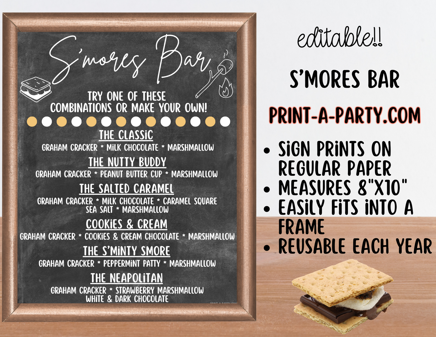 Editable S'MORES BAR Printable - Chalkboard Sign and Toppings Labels Template - Perfect for Parties, Showers, Birthdays, BBQ, Summer, Camping, Holidays or the Office
