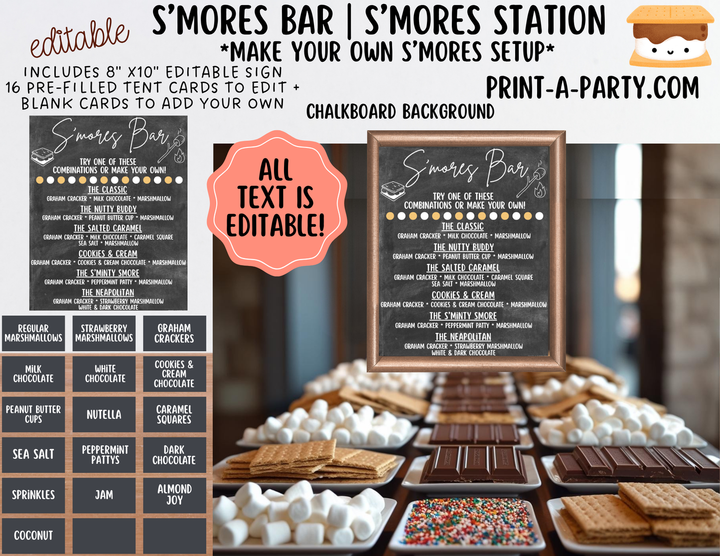 Editable S'MORES BAR Printable - Chalkboard Sign and Toppings Labels Template - Perfect for Parties, Showers, Birthdays, BBQ, Summer, Camping, Holidays or the Office