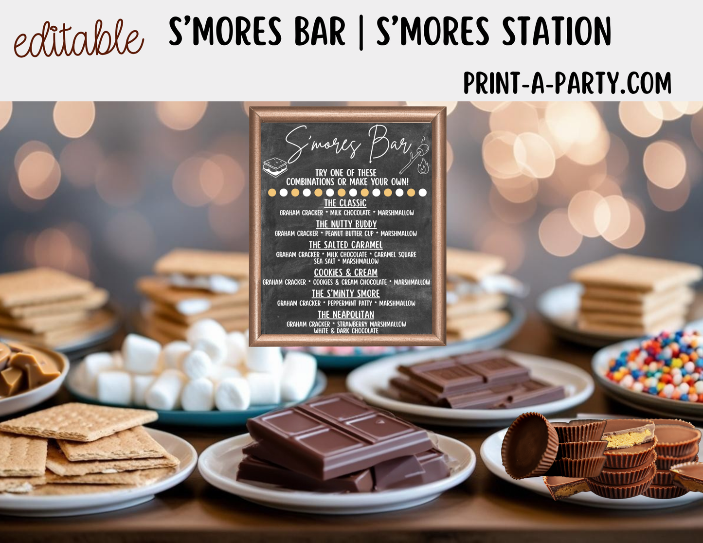 Editable S'MORES BAR Printable - Chalkboard Sign and Toppings Labels Template - Perfect for Parties, Showers, Birthdays, BBQ, Summer, Camping, Holidays or the Office