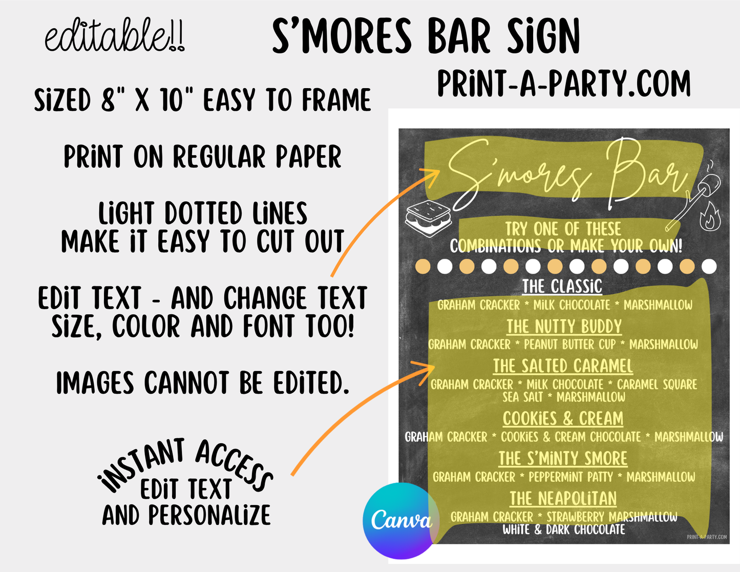 Editable S'MORES BAR Printable - Chalkboard Sign and Toppings Labels Template - Perfect for Parties, Showers, Birthdays, BBQ, Summer, Camping, Holidays or the Office