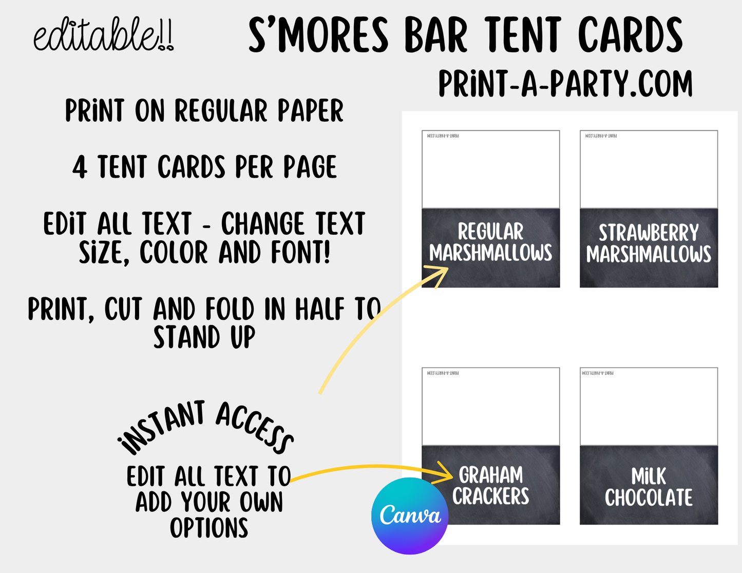 Editable S'MORES BAR Printable - Chalkboard Sign and Toppings Labels Template - Perfect for Parties, Showers, Birthdays, BBQ, Summer, Camping, Holidays or the Office