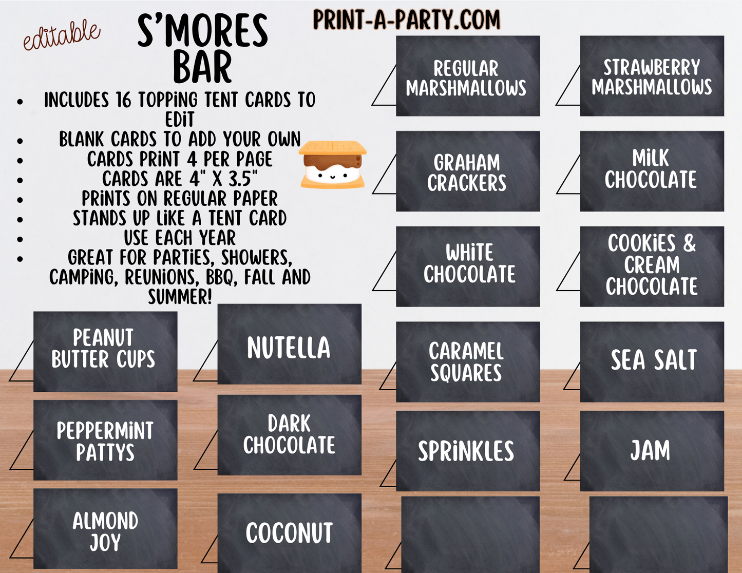 Editable S'MORES BAR Printable - Chalkboard Sign and Toppings Labels Template - Perfect for Parties, Showers, Birthdays, BBQ, Summer, Camping, Holidays or the Office