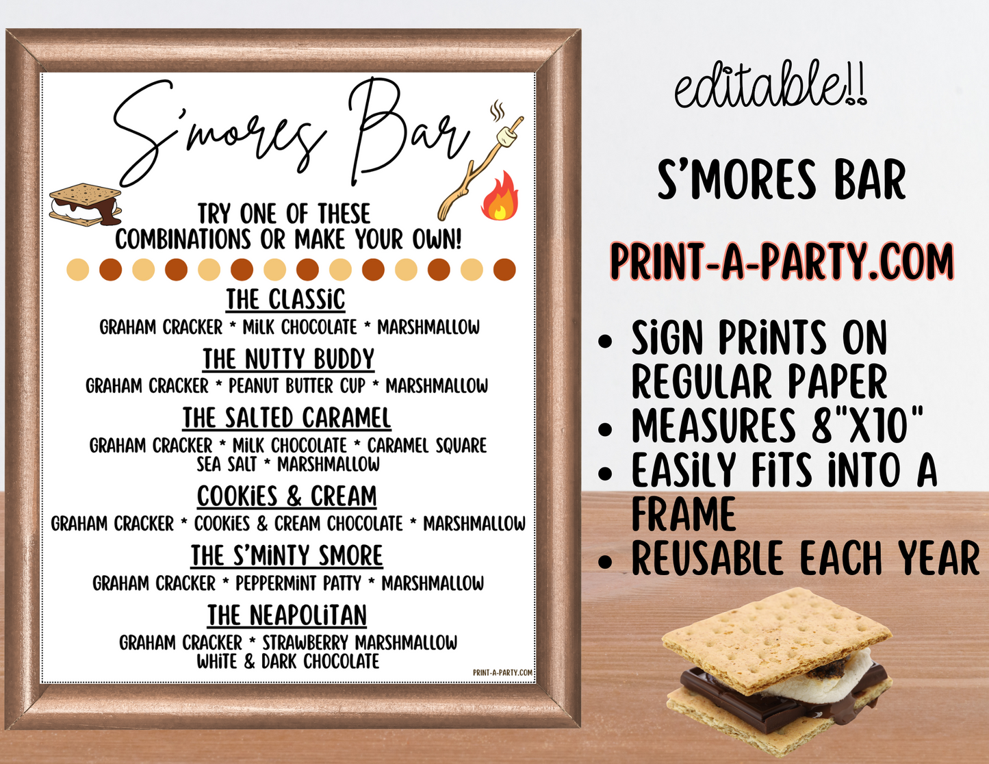 Editable S'MORES BAR Printable - White Sign and Toppings Labels Template - Perfect for Parties, Showers, Birthdays, BBQ, Summer, Camping, Holidays or the Office