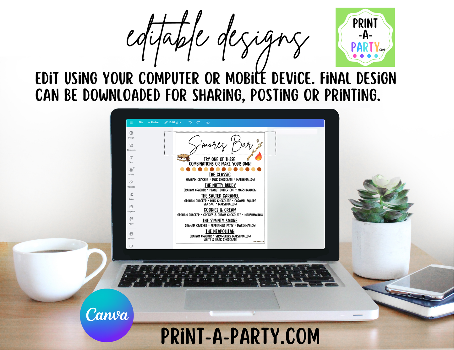 Editable S'MORES BAR Printable - White Sign and Toppings Labels Template - Perfect for Parties, Showers, Birthdays, BBQ, Summer, Camping, Holidays or the Office