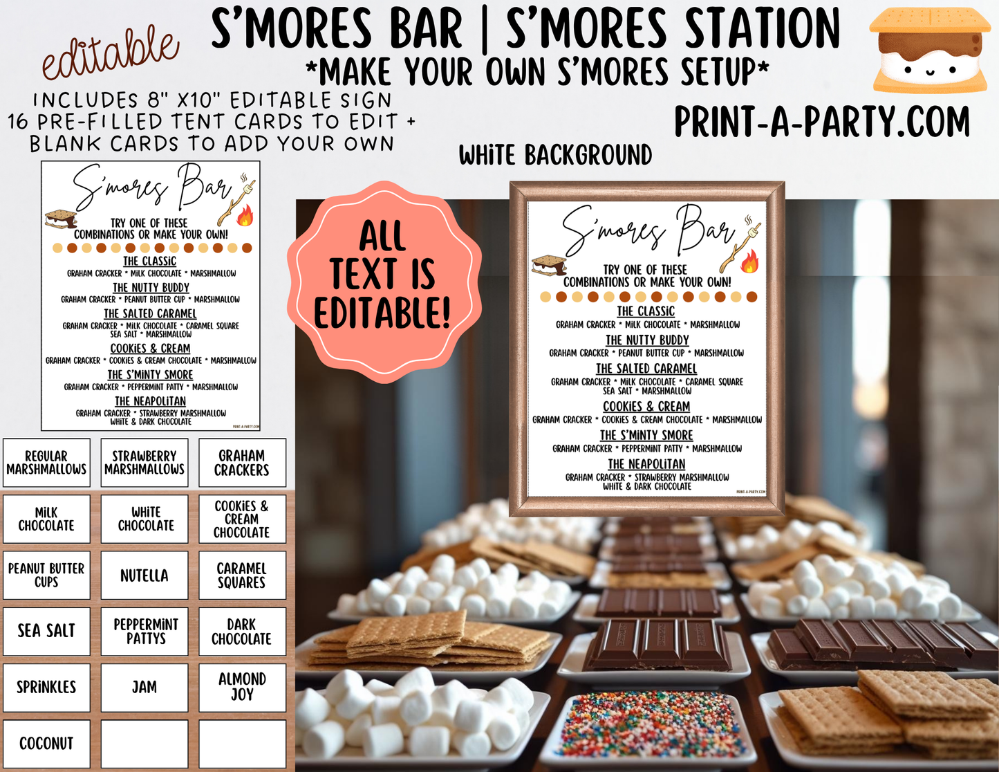 Editable S'MORES BAR Printable - White Sign and Toppings Labels Template - Perfect for Parties, Showers, Birthdays, BBQ, Summer, Camping, Holidays or the Office
