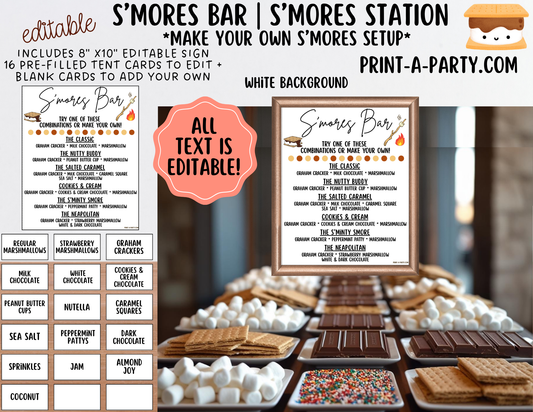 Editable S'MORES BAR Printable - White Sign and Toppings Labels Template - Perfect for Parties, Showers, Birthdays, BBQ, Summer, Camping, Holidays or the Office