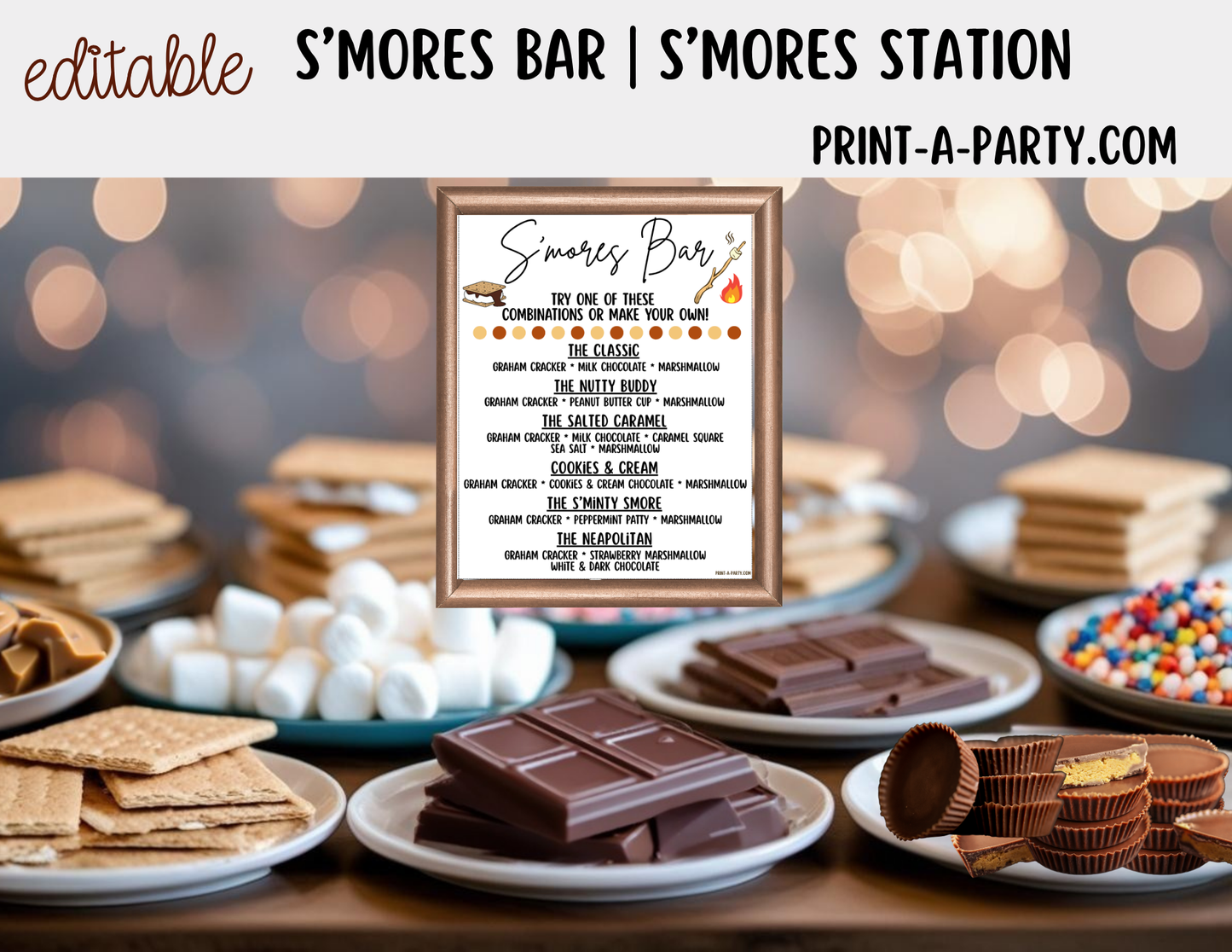 Editable S'MORES BAR Printable - White Sign and Toppings Labels Template - Perfect for Parties, Showers, Birthdays, BBQ, Summer, Camping, Holidays or the Office