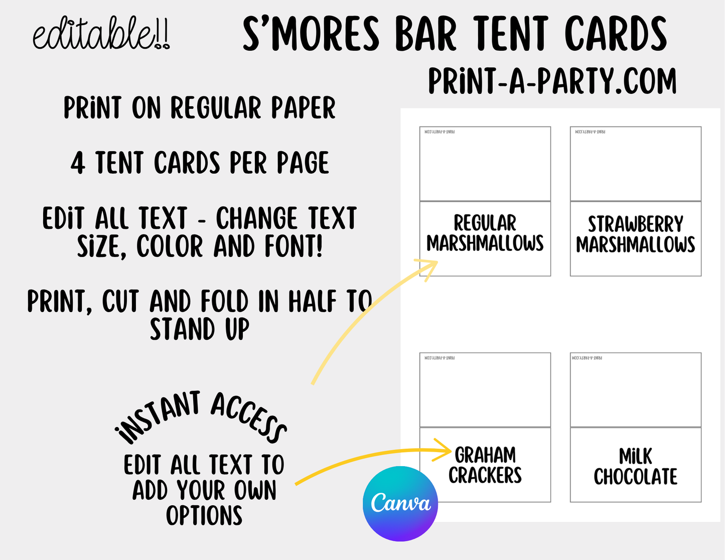Editable S'MORES BAR Printable - White Sign and Toppings Labels Template - Perfect for Parties, Showers, Birthdays, BBQ, Summer, Camping, Holidays or the Office