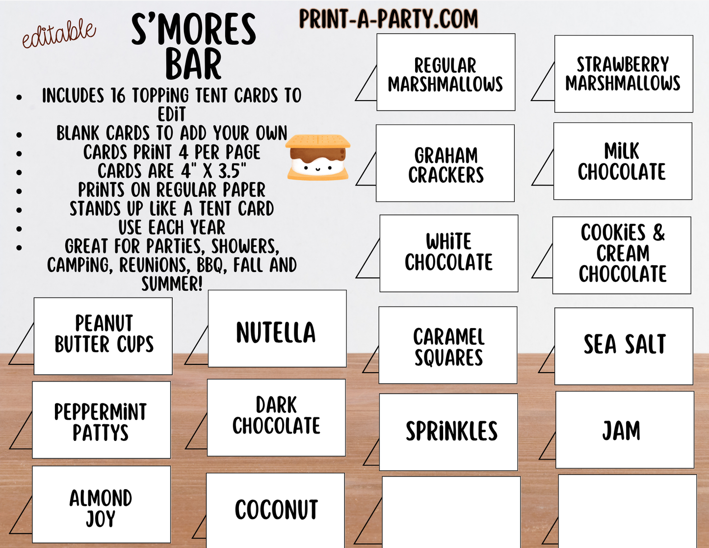Editable S'MORES BAR Printable - White Sign and Toppings Labels Template - Perfect for Parties, Showers, Birthdays, BBQ, Summer, Camping, Holidays or the Office