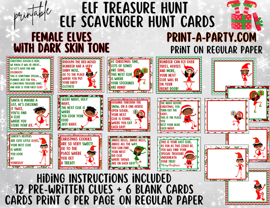 ELF TREASURE HUNT - Printable Female Elf (Dark Skin Tones) Scavenger Hunt Treasure Hunt Clues