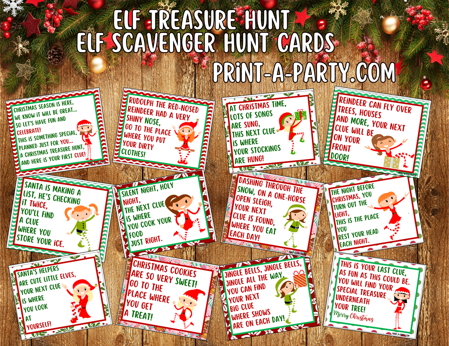 ELF TREASURE HUNT - Printable Female Elf (Light Skin Tones) Scavenger Hunt Treasure Hunt Clues