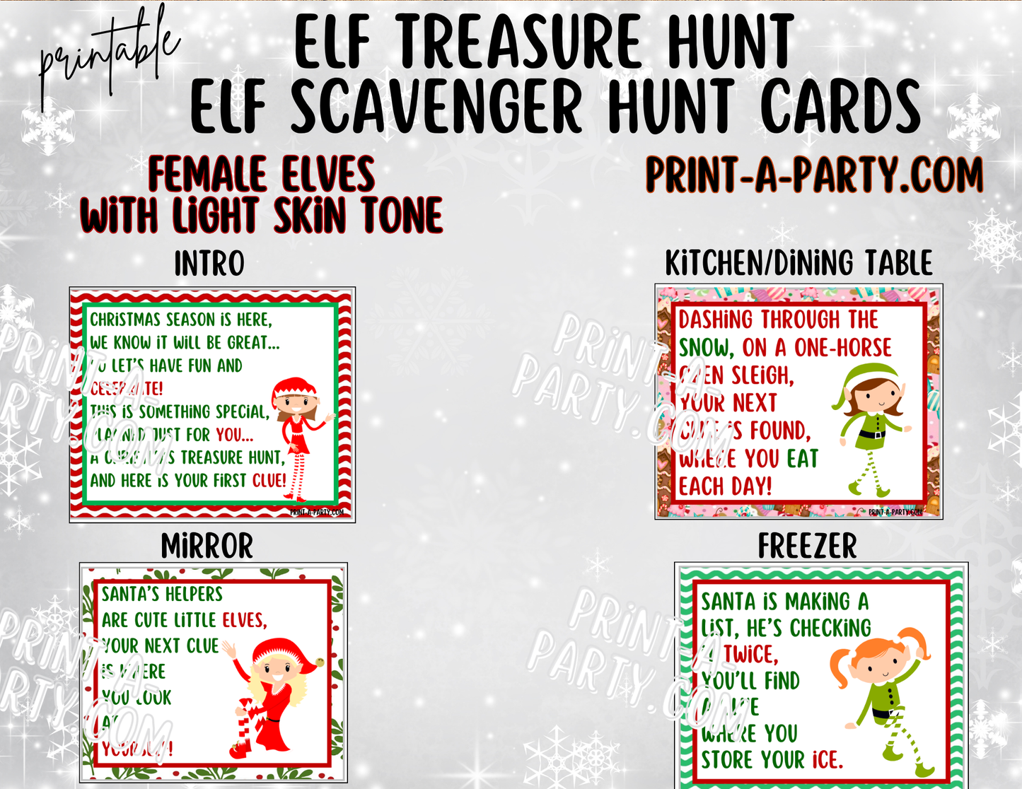 ELF TREASURE HUNT - Printable Female Elf (Light Skin Tones) Scavenger Hunt Treasure Hunt Clues