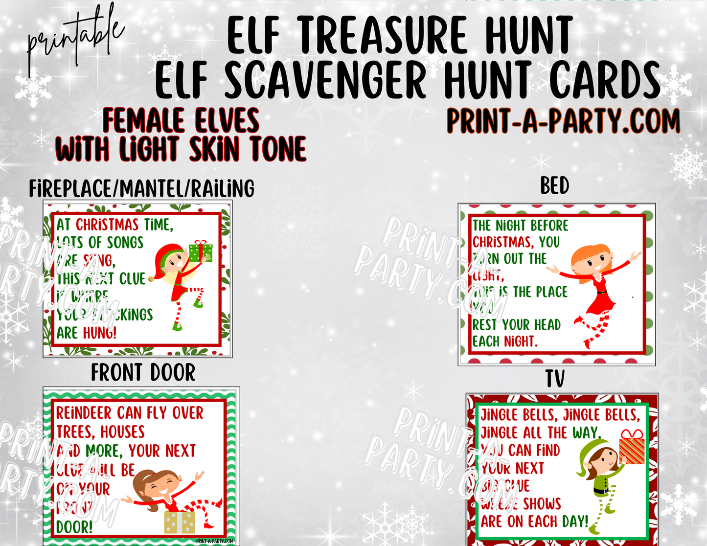ELF TREASURE HUNT - Printable Female Elf (Light Skin Tones) Scavenger Hunt Treasure Hunt Clues