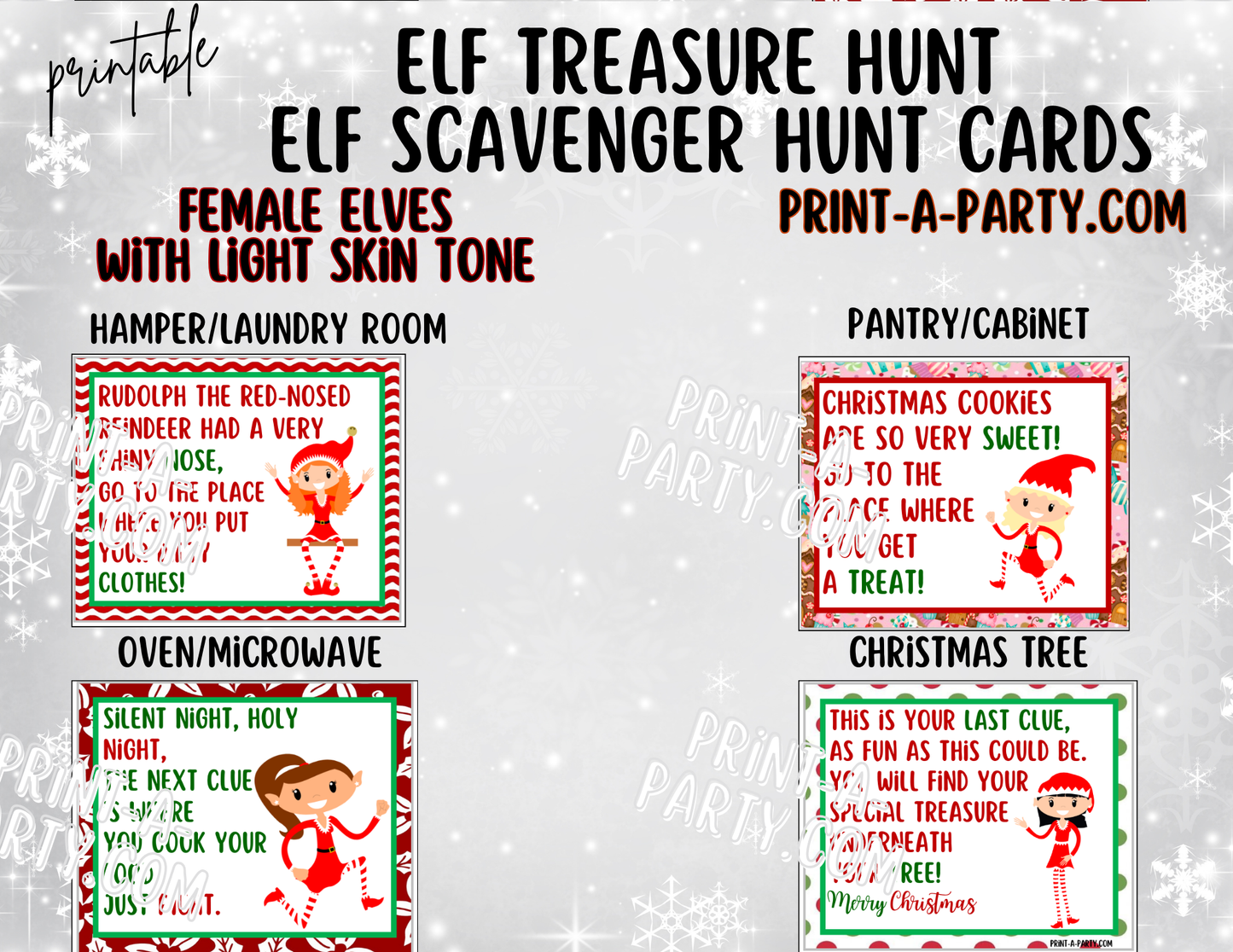ELF TREASURE HUNT - Printable Female Elf (Light Skin Tones) Scavenger Hunt Treasure Hunt Clues
